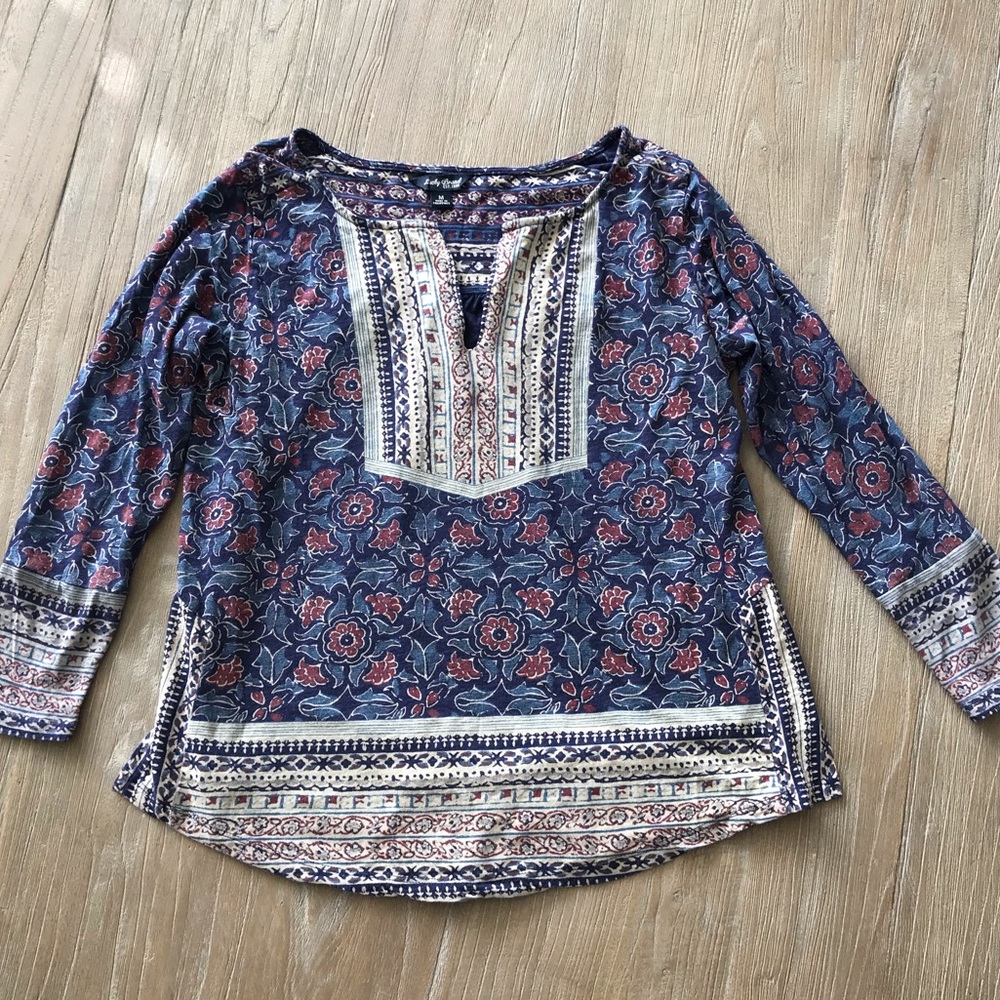 Lucky Brand Boho Woodblock Floral Blue Knit Top